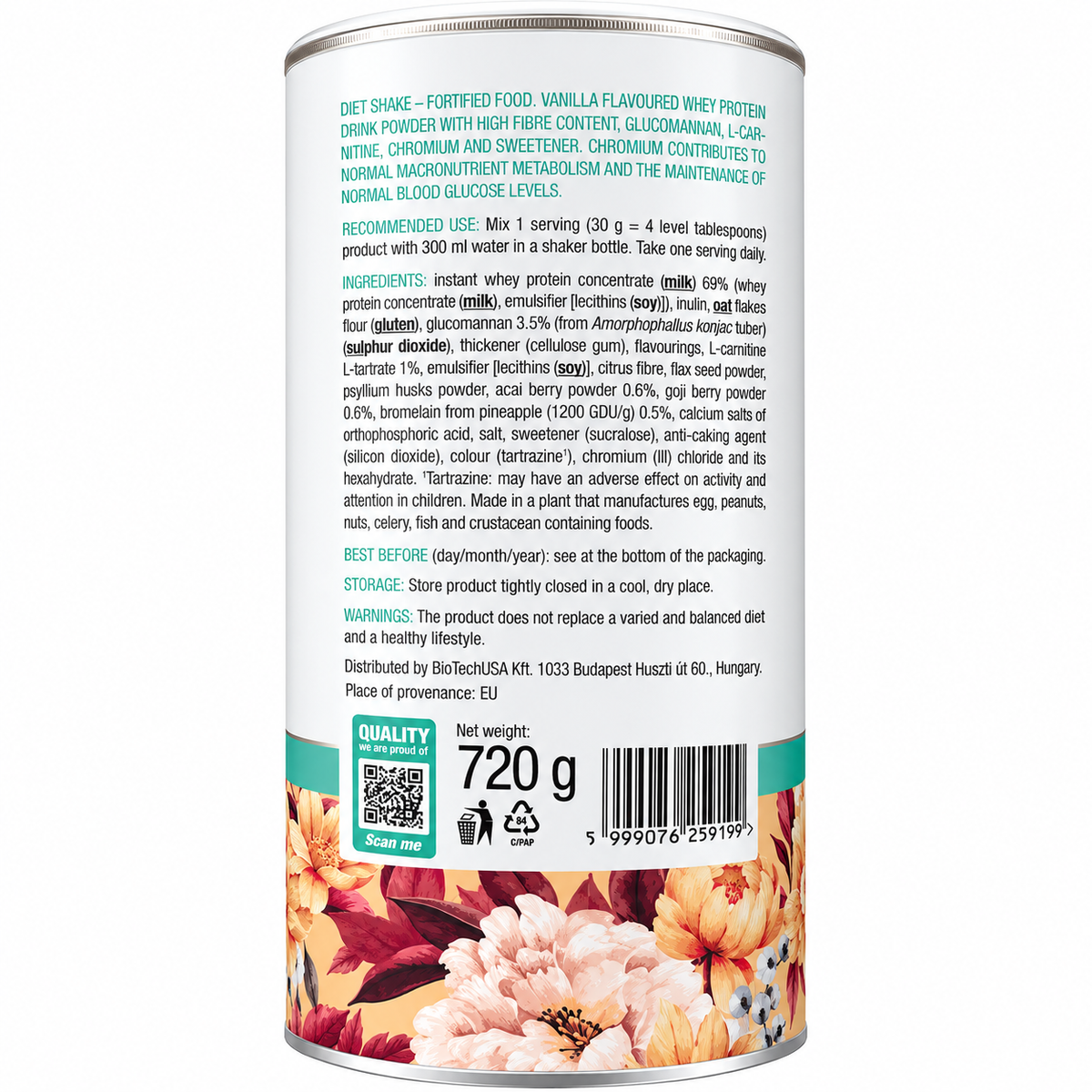 DIET SHAKE 720 G – BEVANDA PROTEICA RICCA DI FIBRE CON GLUCOMANNANO, L-CARNITINA E CROMO | BIOTECHUSA