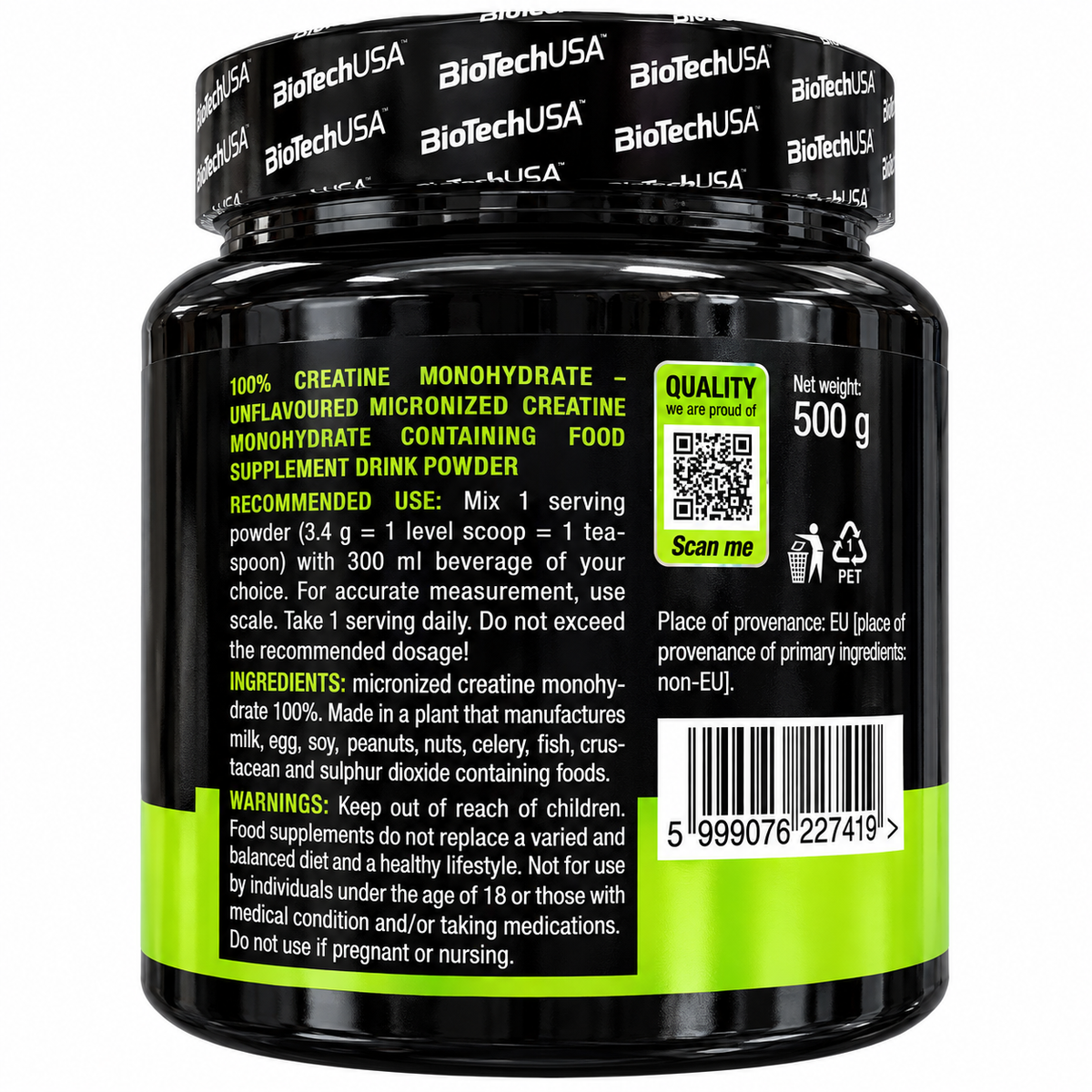 BIOTECHUSA 100% CREATINE MONOHYDRATE 500 G – CREATINA MONOIDRATO MICRONIZZATA