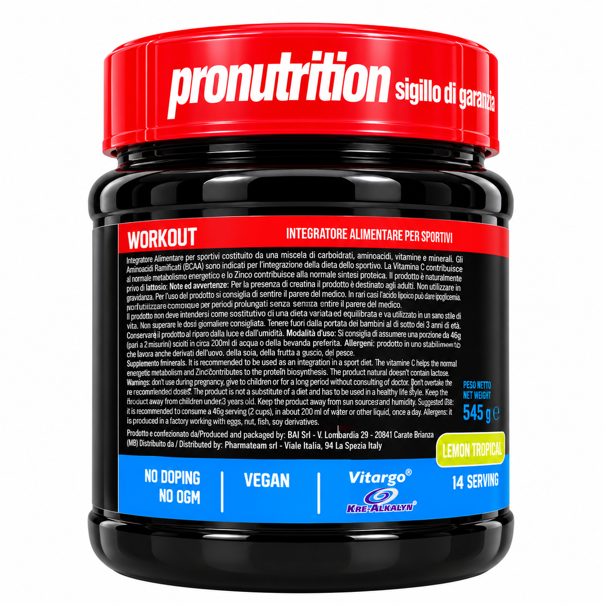 PRONUTRITION WORKOUT ADVANCED FORMULA 645 G – INTEGRATORE SPORTIVO LEMON TROPICAL CON CREATINA, AMINOACIDI E VITAMINE