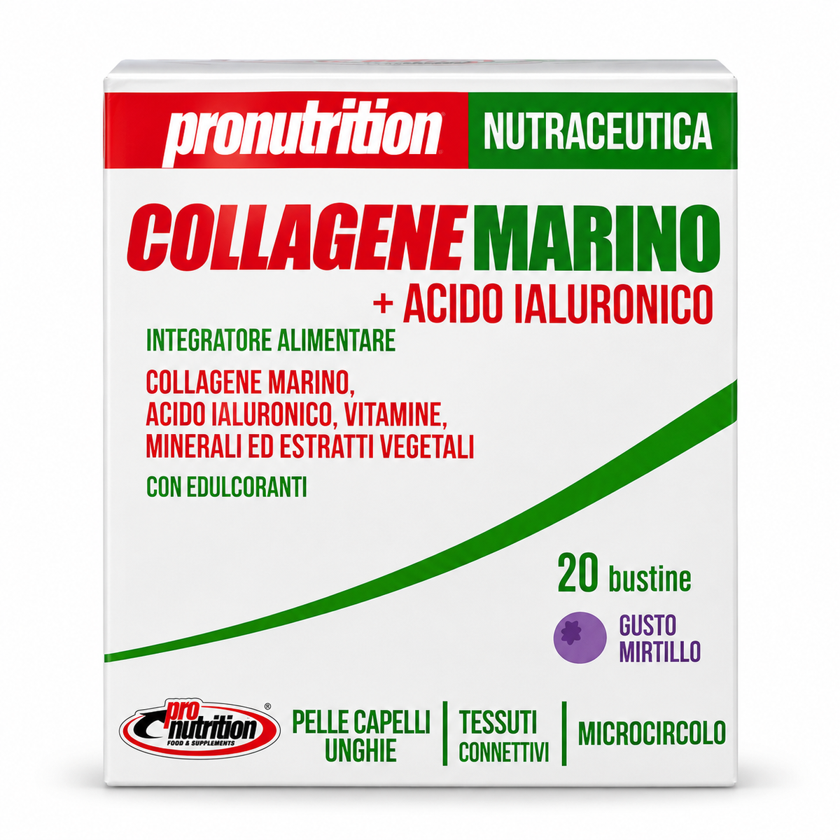 COLLAGENE MARINO + ACIDO IALURONICO PRONUTRITION – 20 BUSTINE GUSTO MIRTILLO