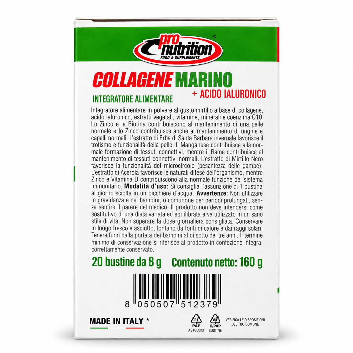 COLLAGENE MARINO + ACIDO IALURONICO PRONUTRITION – 20 BUSTINE GUSTO MIRTILLO