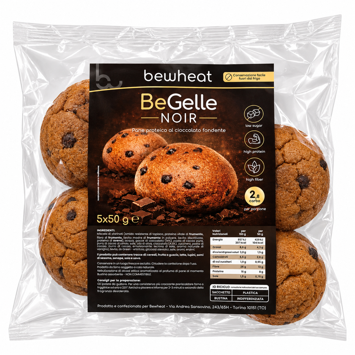 BEGELLE NOIR BEWHEAT 250 G – PANE PROTEICO AL CIOCCOLATO FONDENTE