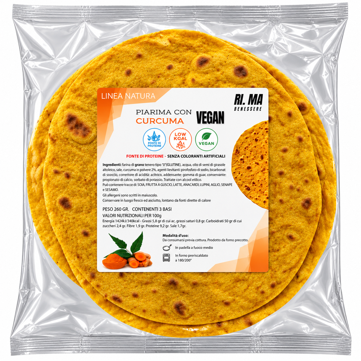 PIADINA VEGANA CON CURCUMA 3 BASI 260 G  – RIMA BENESSERE