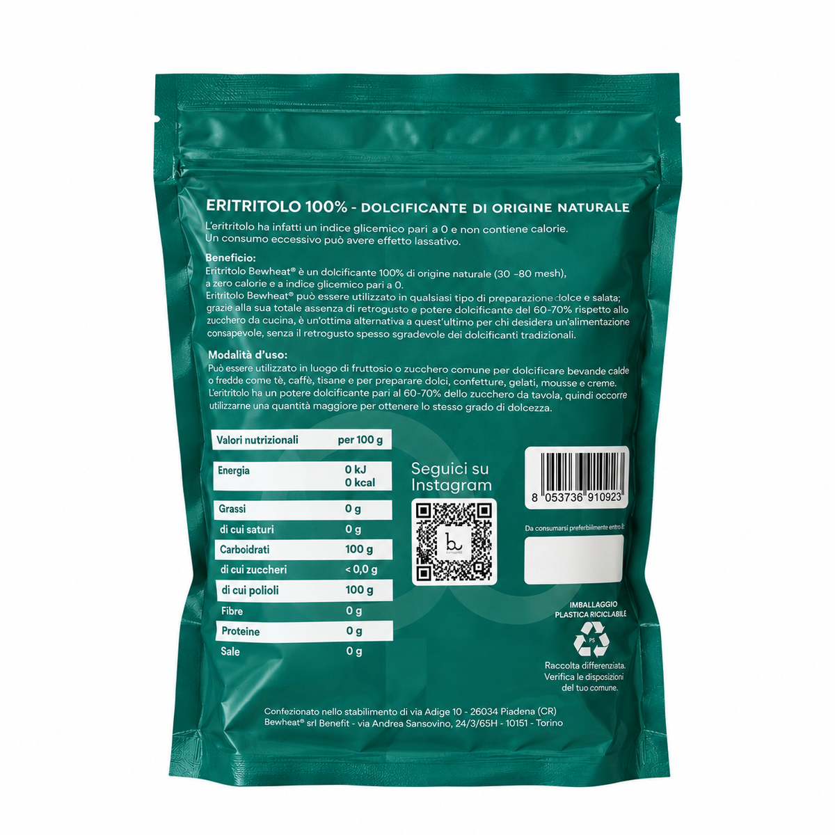 ERITRITOLO 100% BEWHEAT 800 G – DOLCIFICANTE DI ORIGINE NATURALE