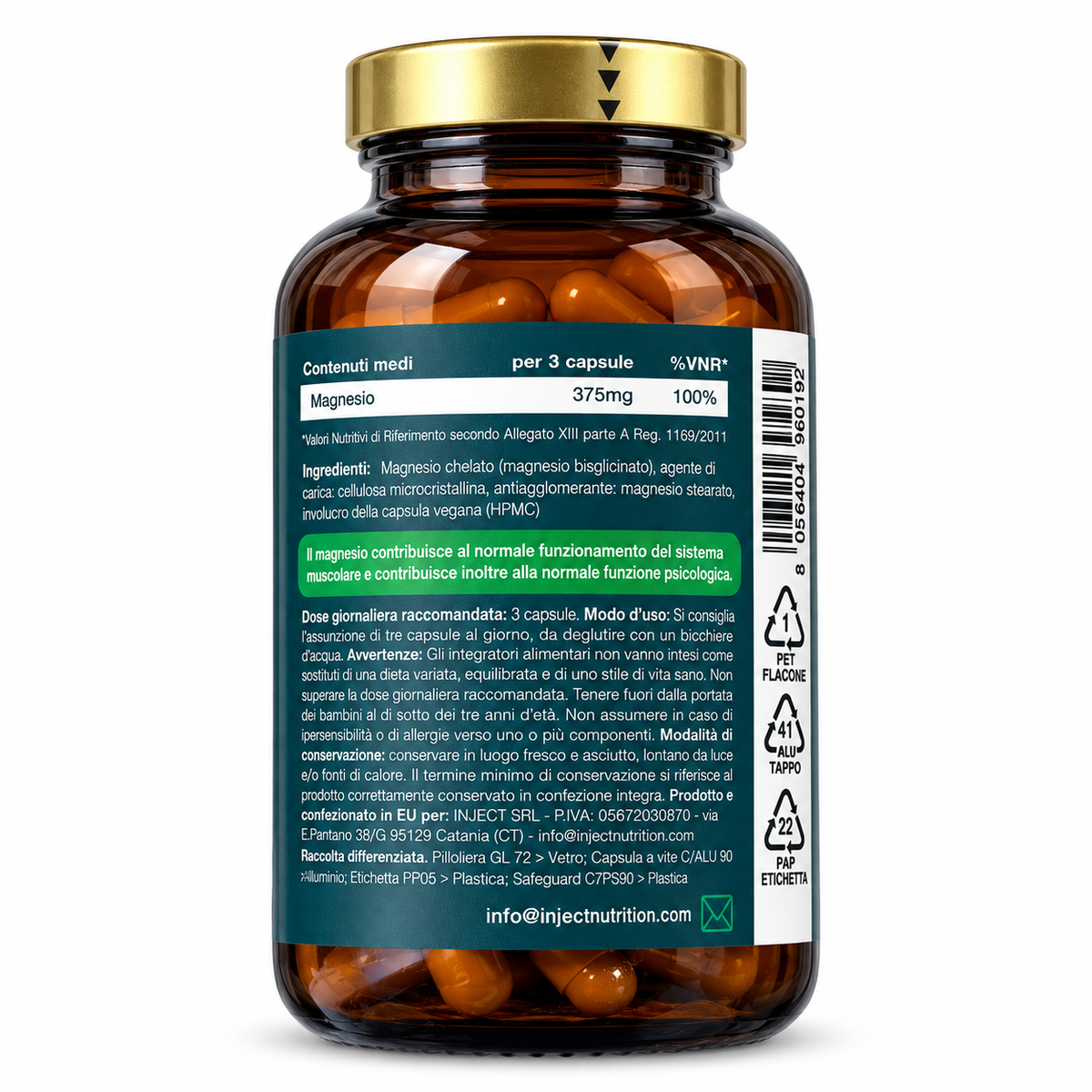 INJECT NUTRITION MAGNESIO CHELATO – MAGNESIO BISGLICINATO – 120 CAPSULE