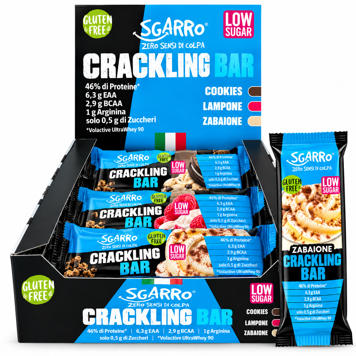 SGARRO ZABAIONE CRACKLING BAR 50 G – BARRETTA PROTEICA CON EAA E BCAA